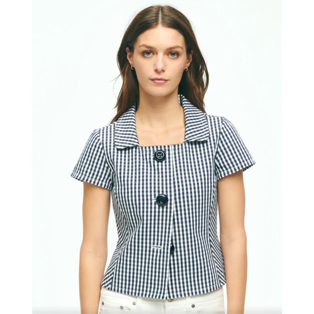 Brooks Brothers Gingham Short Sleeve Jacket Womens 14 Blue NWT Bi-Stretch Cotton
